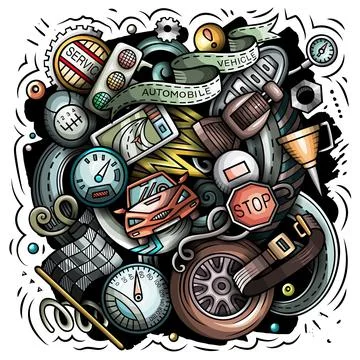 Auto Service cartoon vector doodle illustration Stock Illustration