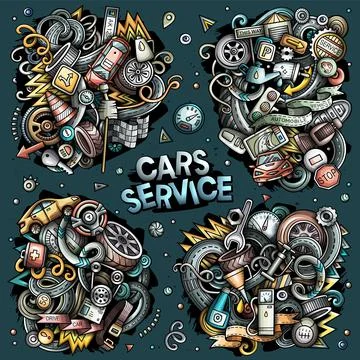 Auto Service cartoon vector doodle designs set. Stock Illustration