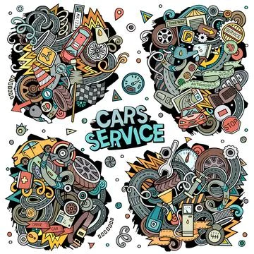 Auto Service cartoon vector doodle designs set. Stock Illustration