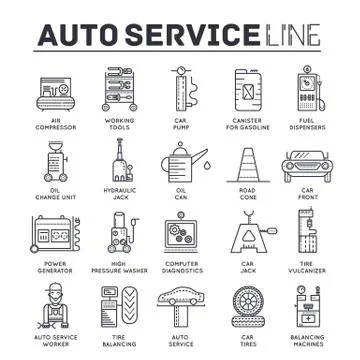 Auto service concept. Thin line icons with flat background design. Worker Stock Illustration