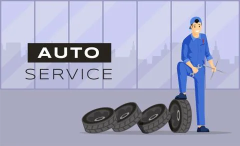 Auto service flat banner vector template. Car repair workshop, professional Stock Illustration