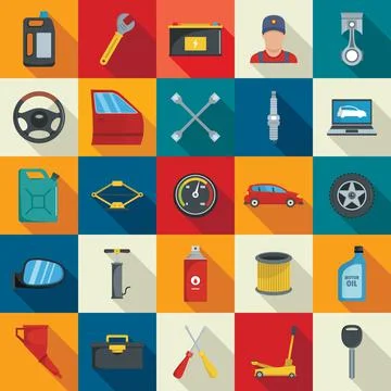 Auto service icons set, flat style Stock Illustration