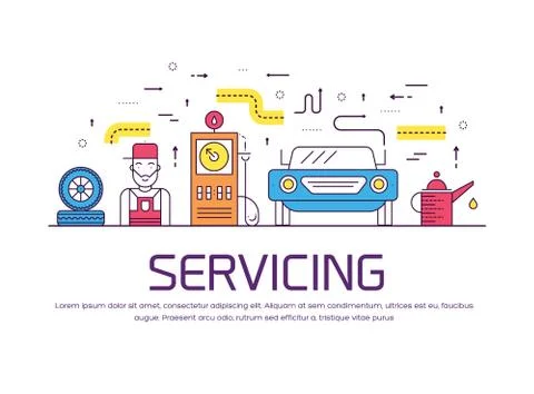 Auto service landscape concept. Thin line icons with flat background design Illustrazione stock