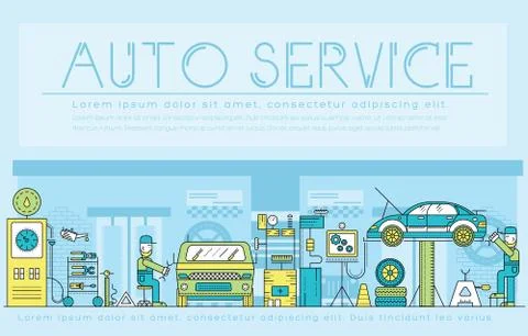 Auto service landscape concept. Thin line icons with flat background design Stock Illustration