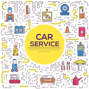 Auto service landscape concept. Thin line icons with flat background design Stock Illustration