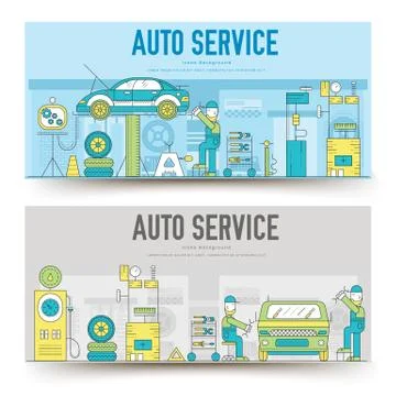 Auto service landscape concept. Thin line icons with flat background design Stock Illustration