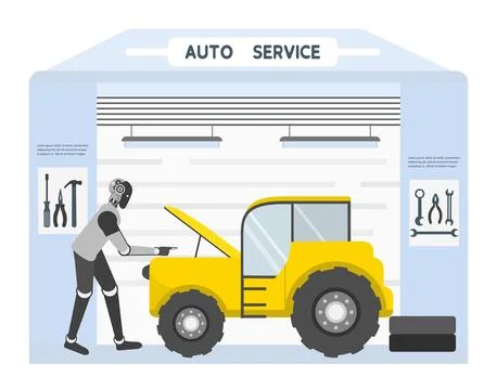 Auto service with robot mechanic working on vehicle under garage roof, tech.. Stock Illustration