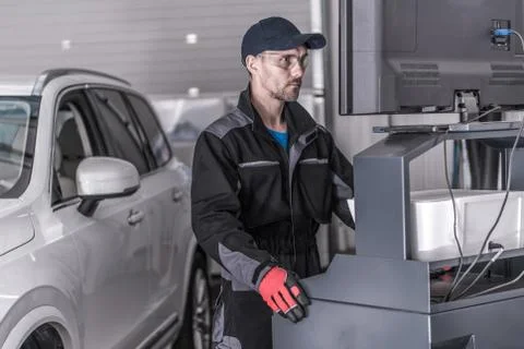 Auto Service Technician in Front of the Computer Analyzing Data Stock Photos