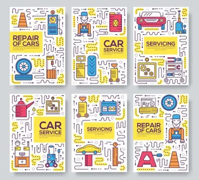 Auto service vector brochure cards thin line set. mechanic repair a car template Stock Illustration