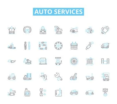 Auto services linear icons set. Maintenance, Repair, Inspection, Detailing, Oil Ilustración de archivo