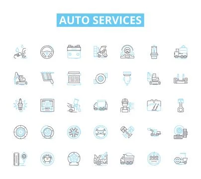 Auto services linear icons set. Maintenance, Repair, Inspection, Detailing, Oil Ilustración de archivo