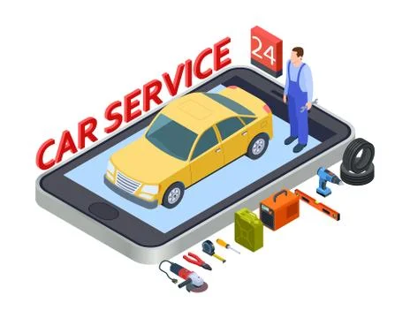 Auto services mobile app. Isometric car service vector concept with auto, repair イラスト素材