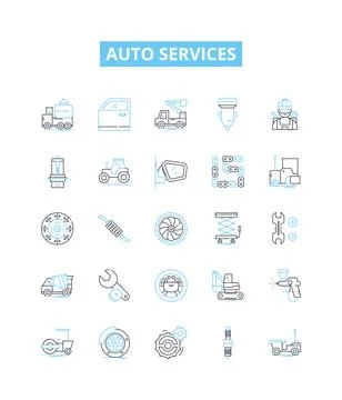 Auto services vector line icons set. Repair, Service, Tune-up, Parts, Diagnosis Stock Illustration