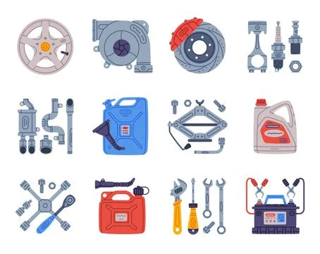 Auto Spare Parts and Elements for Car Repair Vector Set 스톡 일러스트