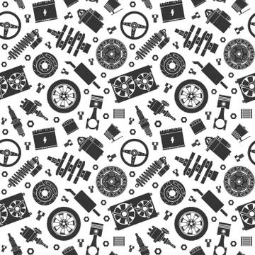 Auto spare parts seamless pattern. Car repair silhouette icon texture and Stock Illustration