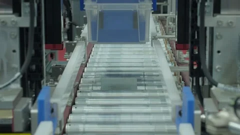 Auto system moving plastic storage bins through modern factory line. Stock Footage 324753619