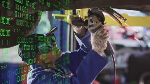 Auto tech engaging grinder for repair on lift grinding seam sparks binary Stock Footage 333318102
