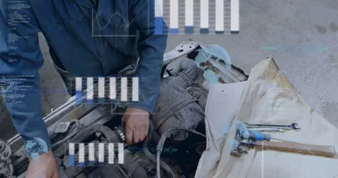 Auto tech leaning over hood, shifting hands and turning part, causing UI Stock Footage 333903187