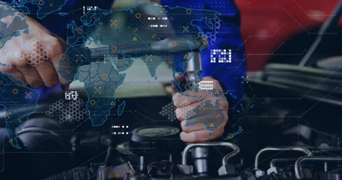 Auto tech placing socket then turning ratchet while faint world map HUD Stock Footage 330935390