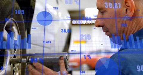 Auto tech placing wrench at wheel hub, torquing, checking alignment, blue bar Stock Footage 333873013