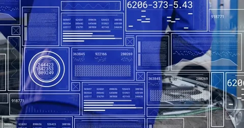 Auto technician selecting tool and turning fasteners in garage, HUD overlays Stock Footage 334315856