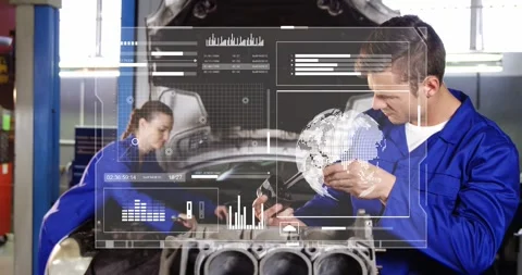 Auto techs inspecting engine, female tapping tablet initiating HUD overlay as Stock Footage 331109264