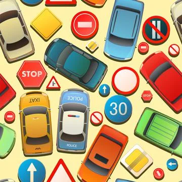 Auto traffic seamless pattern. Bright hues. Top view from above. Cars and roa Stock Illustration