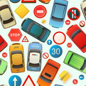 Auto traffic seamless pattern. Top view from above. Cars and road signs. Cart Stock Illustration