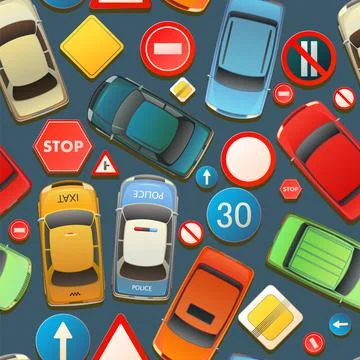 Auto traffic seamless pattern. Top view from above. Dark asphalt. Cars and ro Stock Illustration