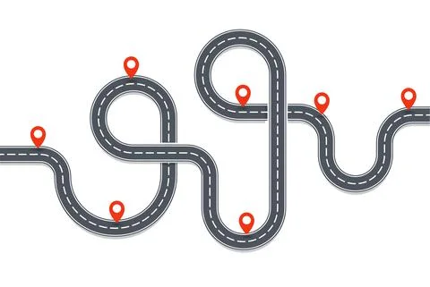 Auto trip map. Asphalt Road path with red Pins. Place on road, navigation map Illustrazione stock