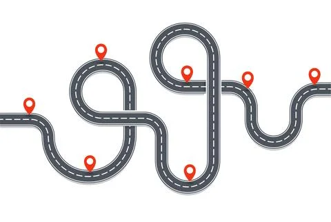 Auto trip map. Asphalt Road path with red Pins. Place on road, navigation map Stock Illustration