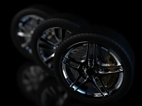 Auto wheels on a dark background with chrome rims close-up. 3d render 스톡 사진