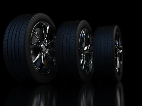 Auto wheels on a dark background with chrome rims close-up. 3d render 스톡 사진