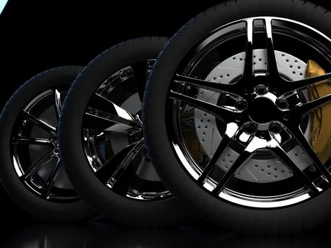 Auto wheels on a dark background with chrome rims close-up. 3d render 스톡 사진