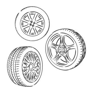 Auto wheels line icons. Vector thin line illustration of different wheels. wh Stock Illustration