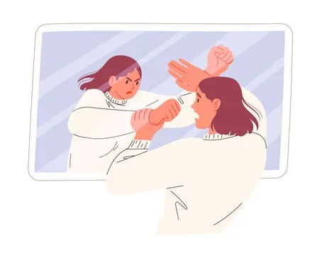 Autoaggression, woman attacks herself, self-criticism 스톡 일러스트