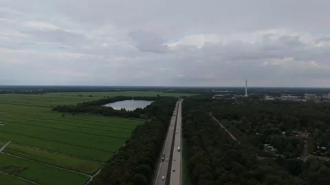 Autobahn Through Green Fields With Wind Turbine Aerial 스톡 동영상 343026155