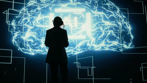 Automated AI brain superintelligence, task assignments and female technician Stock Footage 329452752