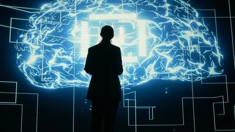 Automated AI brain superintelligence, task assignments and female technician Stock Photos
