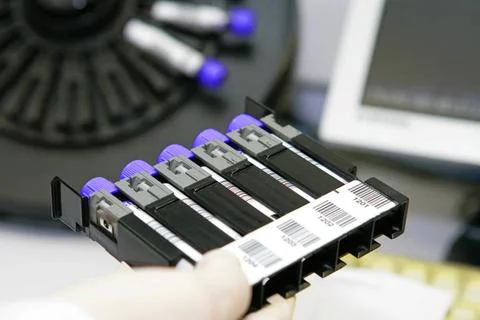 Automated analyzer Laboratory. Test tubes holder of the hematology automa... Stock Photos