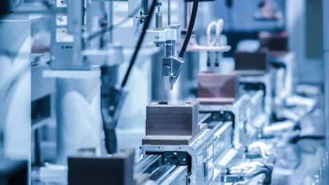 Automated Assembly Line with Robotic Arms in Modern Factory 4K Stock Footage 332157648