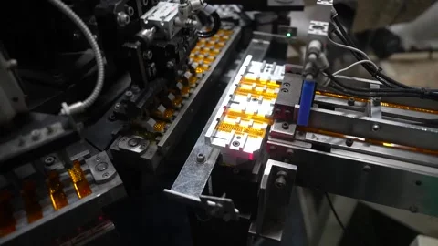 Automated assembly machine handling rows of orange molded plastic parts Stockbeeldmateriaal 340901578