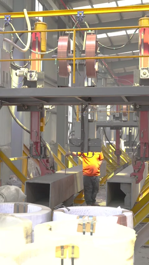 Automated Beam Welding Line with Worker Monitoring Structural Steel Production Stock Footage 339384564