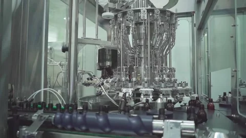Automated Bottling Line Moving Liquid Medicine Bottles in Pharmaceutical Factory Stock Footage 340600828