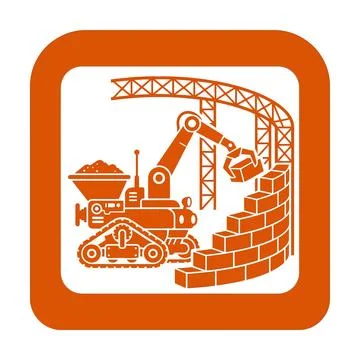 Automated bricklaying orange robot machine building circular wall for const.. Illustration