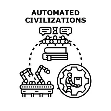 Automated civilization development transforming human society Stock Illustration