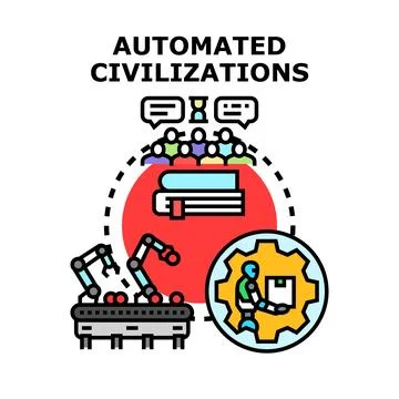 Automated civilization development transforming human society Stock Illustration