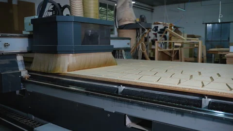 Automated CNC Cutting MDF Sheet into Furniture Parts Stock-Footage 305608316