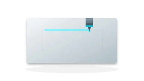 Automated CNC Laser Head Cutting Precision Metal Plate with Glowing Cyan Path Stock-Footage 346130898