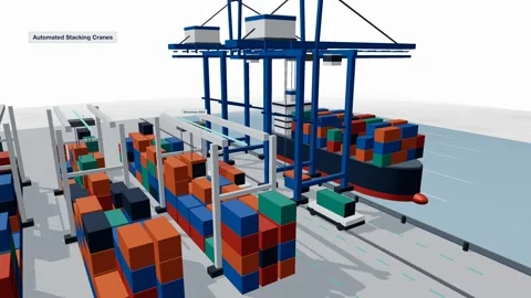 Automated container terminal with AGV and stacking cranes 3D animation seamless Stock Footage 339880242